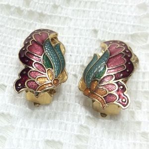 Vintage Butterfly Goldtone Metal Enamel Earrings